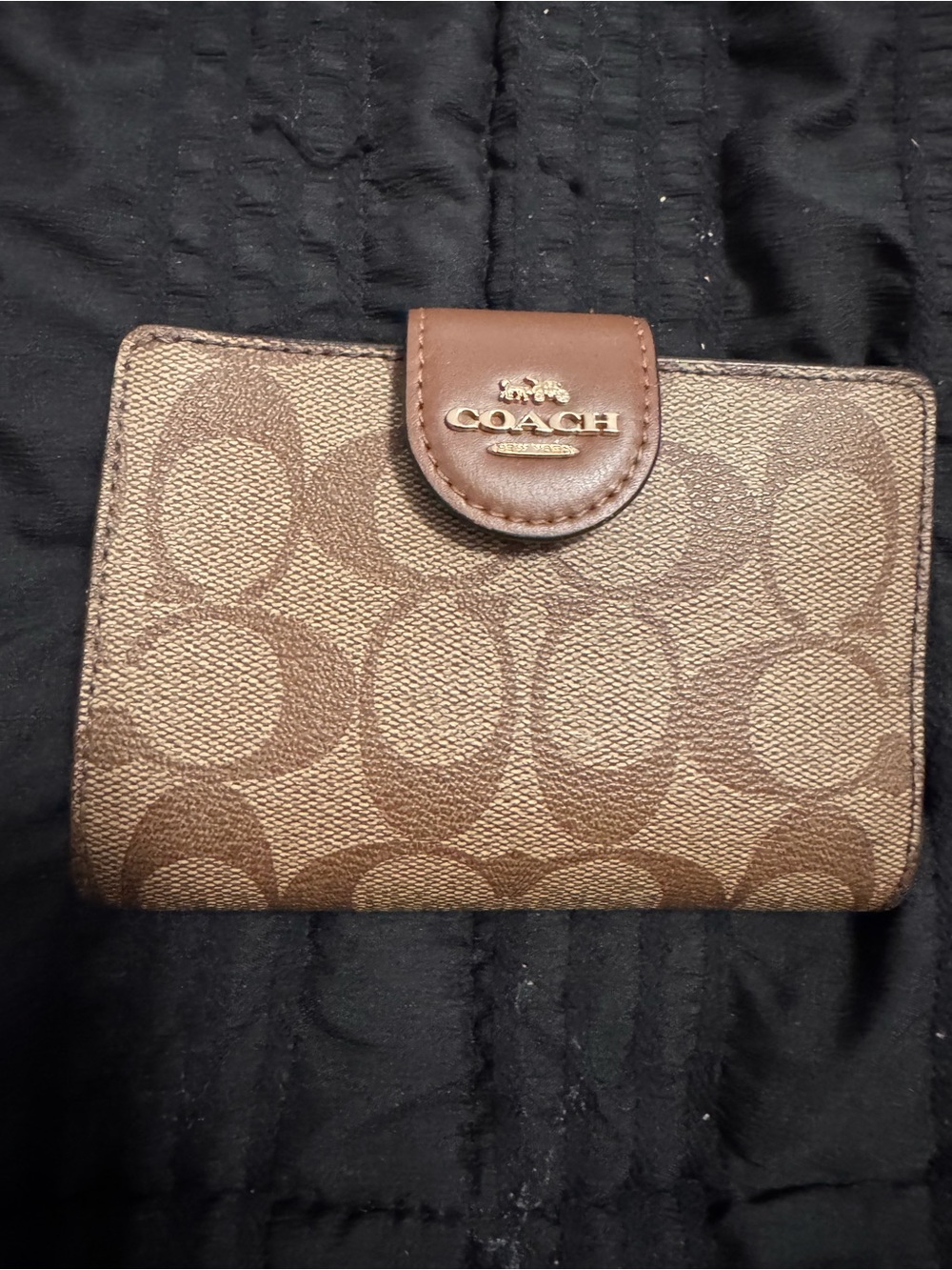 Coach Brown Signature Canvas Card Holder with Snap Tab
